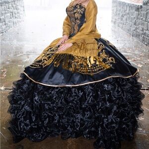 •Black and gold charro quincenera dress
